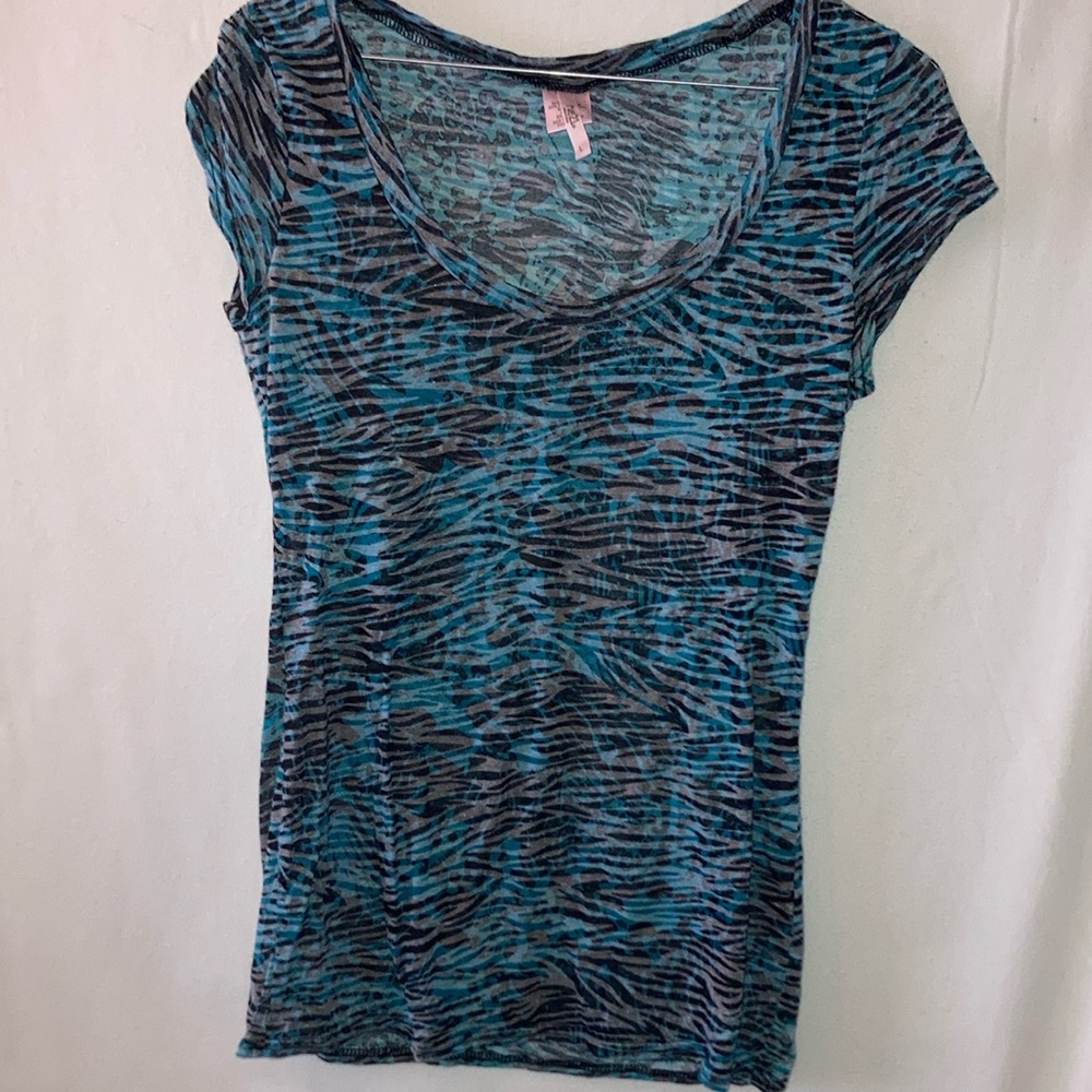 Rue 21 Blue and Black Patterned Sheer Women's Top